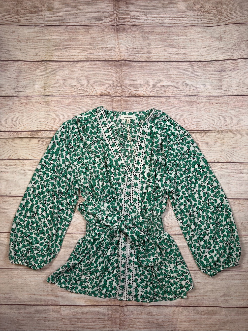 Max Studio White Blouse with Green‎ Floral Print